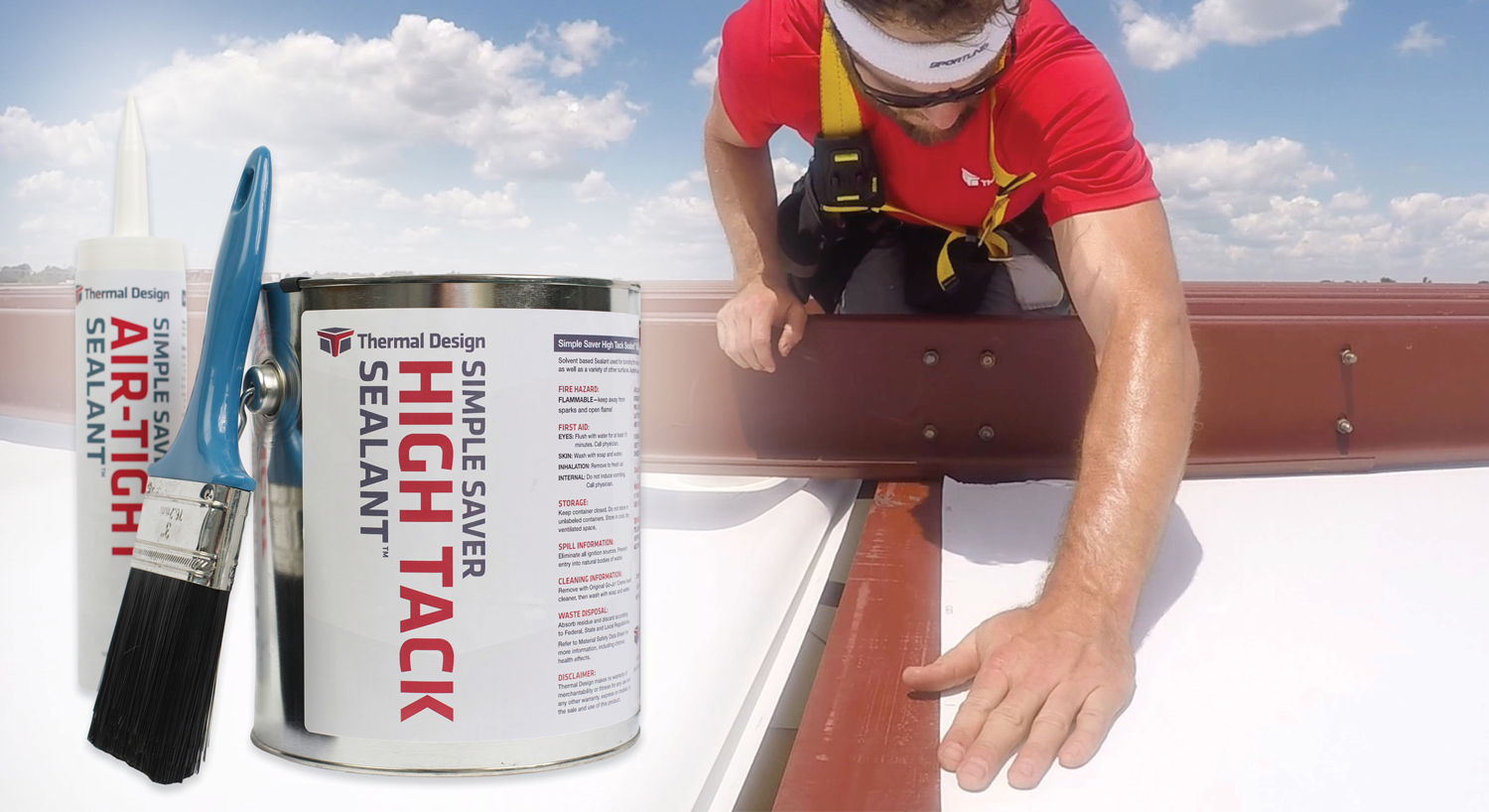 Installer applying Simple Saver High-Tack Sealant™ to seal the Syseal™ fabric with Perfectly Square Edge Markers™ to the top of rafter